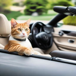 A sophisticated-looking cat sitting in the driver's seat of an open-top Mercedes Benz convertible, paws gripping the steering wheel.