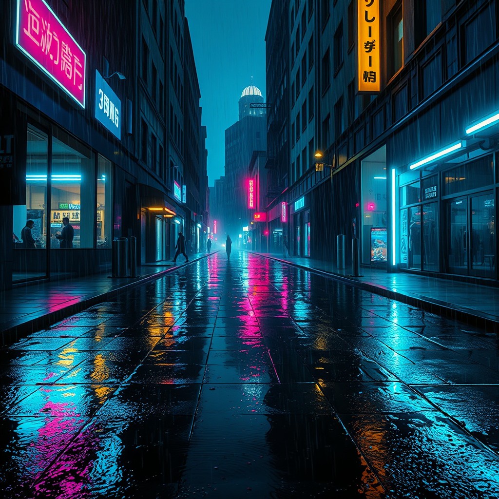 A dramatic urban scene depicting rain-soaked narrow streets at night, where the pavement glistens with vibrant reflections of neon lights