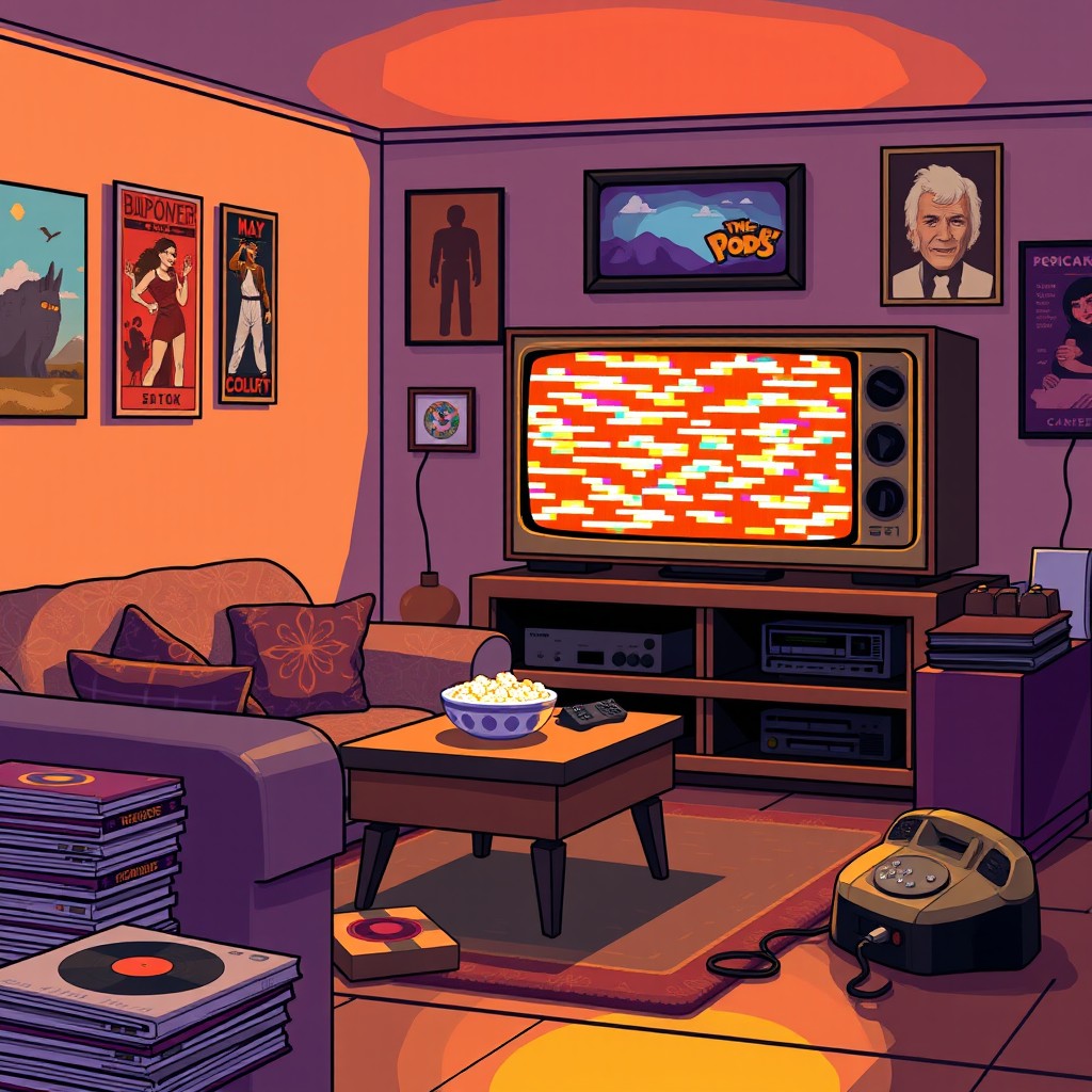 A nostalgic pixel art scene depicting a cozy living room from the 80s, featuring a retro television set with a wood panel finish displaying colorful static