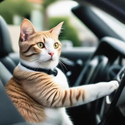 A sophisticated-looking cat sitting in the driver's seat of an open-top Mercedes Benz convertible, paws gripping the steering wheel.