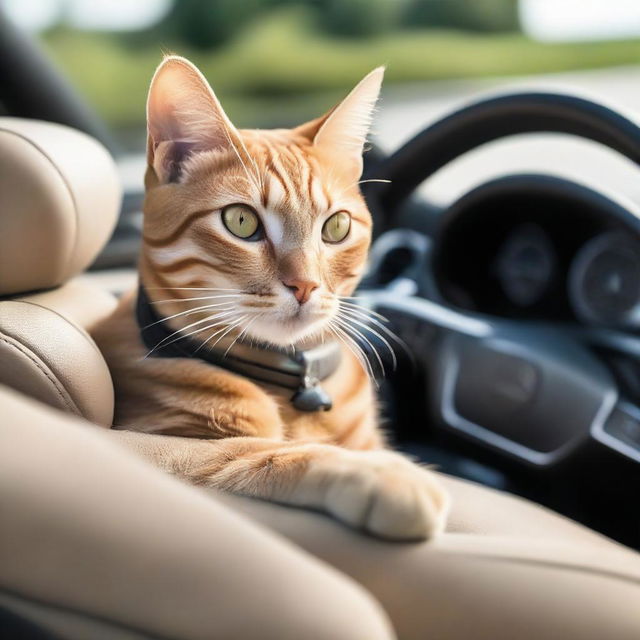 A sophisticated-looking cat sitting in the driver's seat of an open-top Mercedes Benz convertible, paws gripping the steering wheel.