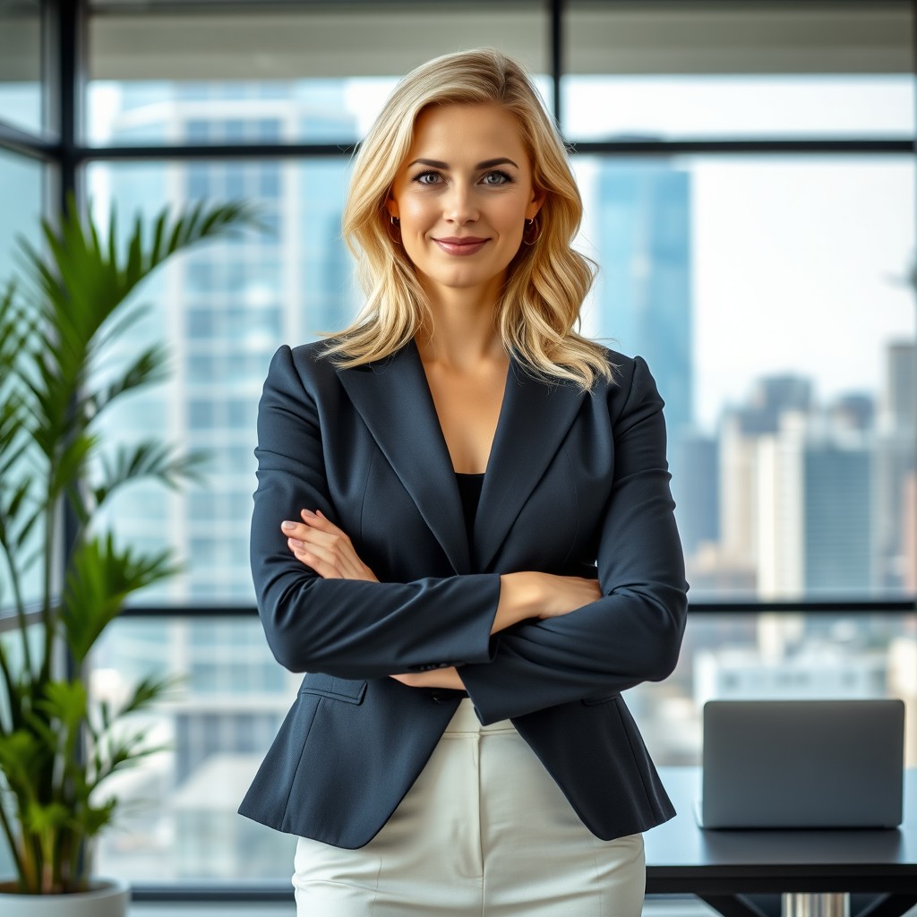 A confident blonde businesswoman standing in a modern office environment, wearing a stylish tailored suit