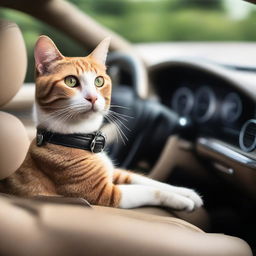 A sophisticated-looking cat sitting in the driver's seat of an open-top Mercedes Benz convertible, paws gripping the steering wheel.