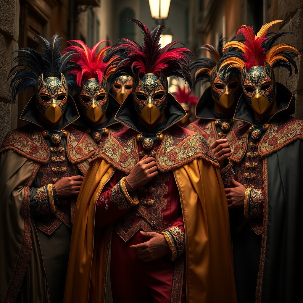 A captivating scene featuring a group of male kidnappers, each dressed in exquisite Venetian carnival outfits that showcase luxurious fabrics, elaborate embroidery, and flowing capes
