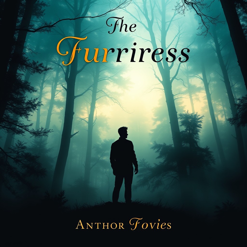 A captivating and visually striking cover for a novel, featuring a mysterious forest shrouded in mist