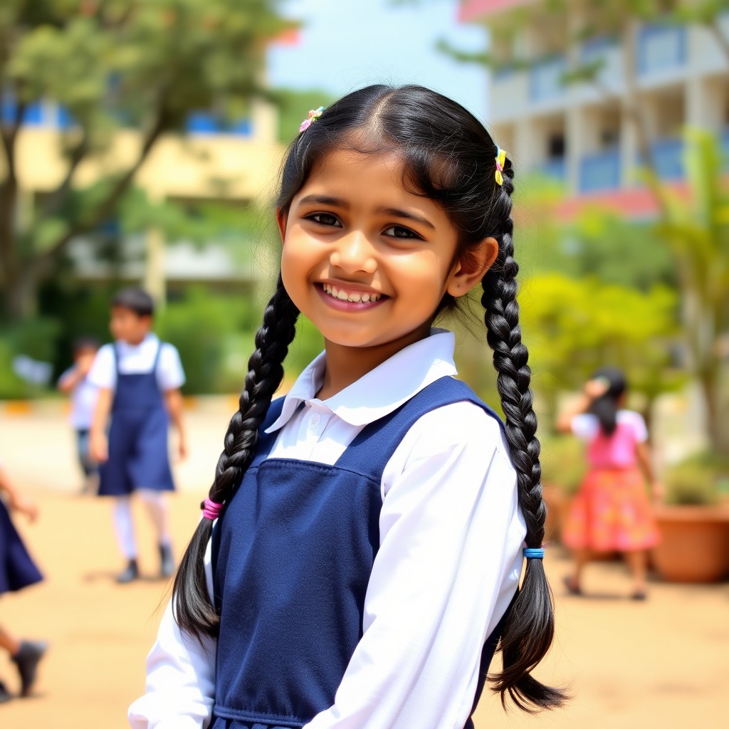 A cheerful Indian school girl wearing a traditional school uniform, which includes a navy blue pinafore and a crisp white blouse