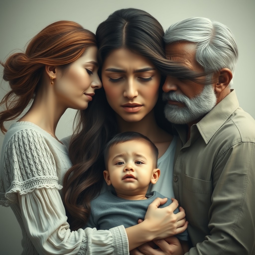 A poignant scene depicting a woman crying, her right arm transformed into a nurturing motherly figure, while her left arm morphs into a strong fatherly figure