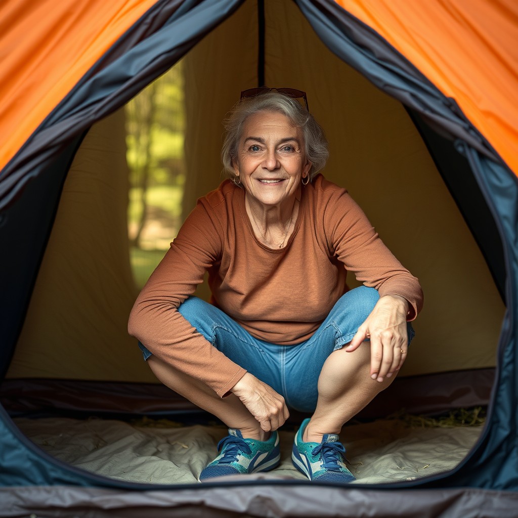 A woman of about 55 years old squatting inside a very short tent, her posture balanced and relaxed