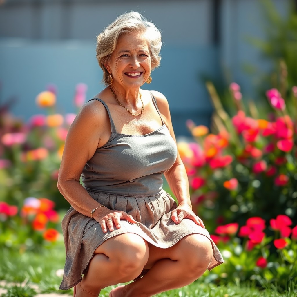 A woman of about 55 years old squatting gracefully, wearing a very short skirt that highlights her confident style