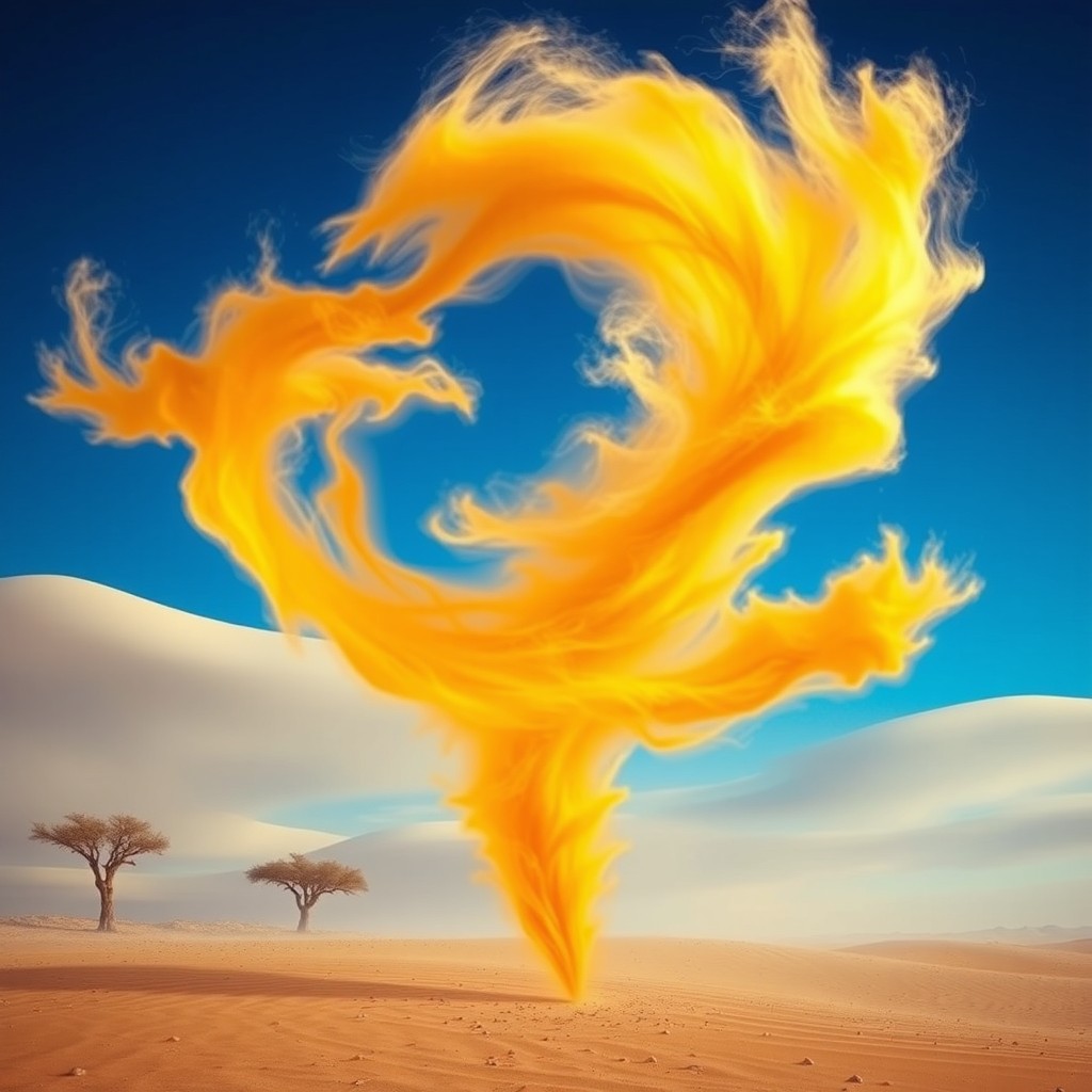 An artistic representation of a Scirocco wind, depicted as a swirling, vibrant tornado-like formation of warm air and dust, filled with shades of golden yellow and soft orange