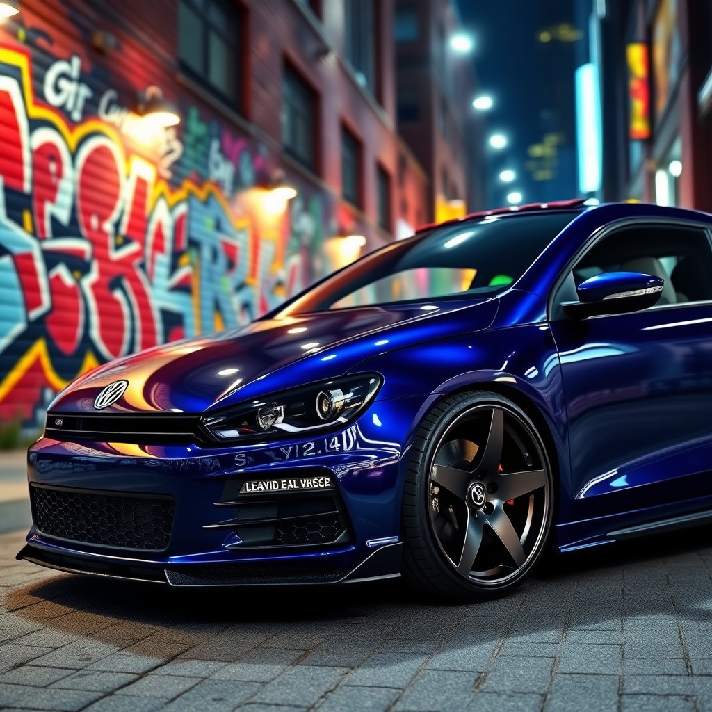 A highly detailed image of a tuned Volkswagen Scirocco, showcasing a sleek, aerodynamic design with a glossy deep blue paint finish