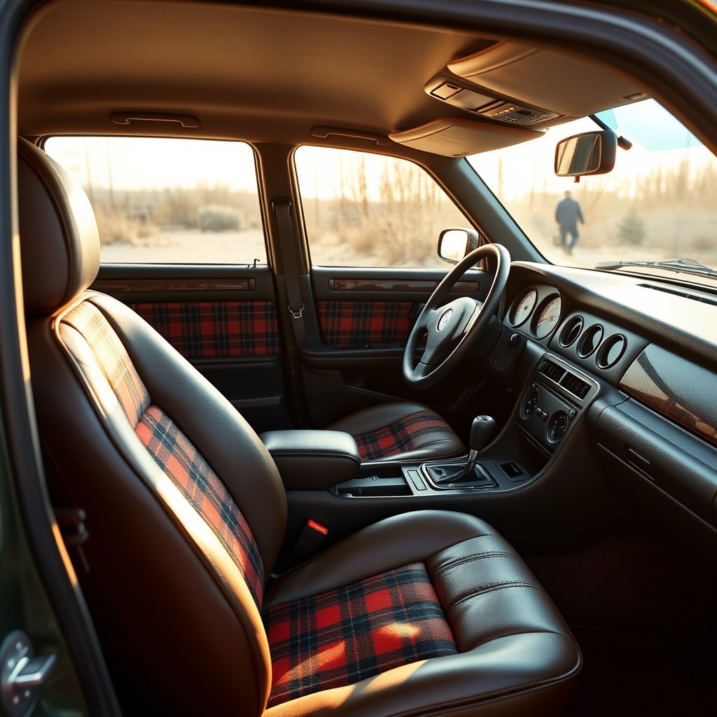 A retro-styled interior for a 2000 Saab 9-5, featuring a luxurious combination of leather and tartan fabric upholstery