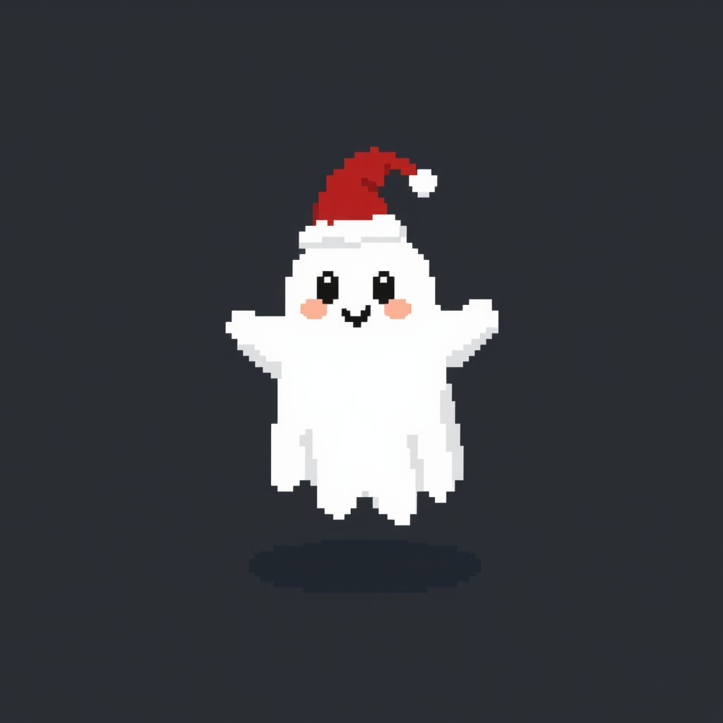 A pixel art ghost wearing a Christmas hat, set against a medium black background