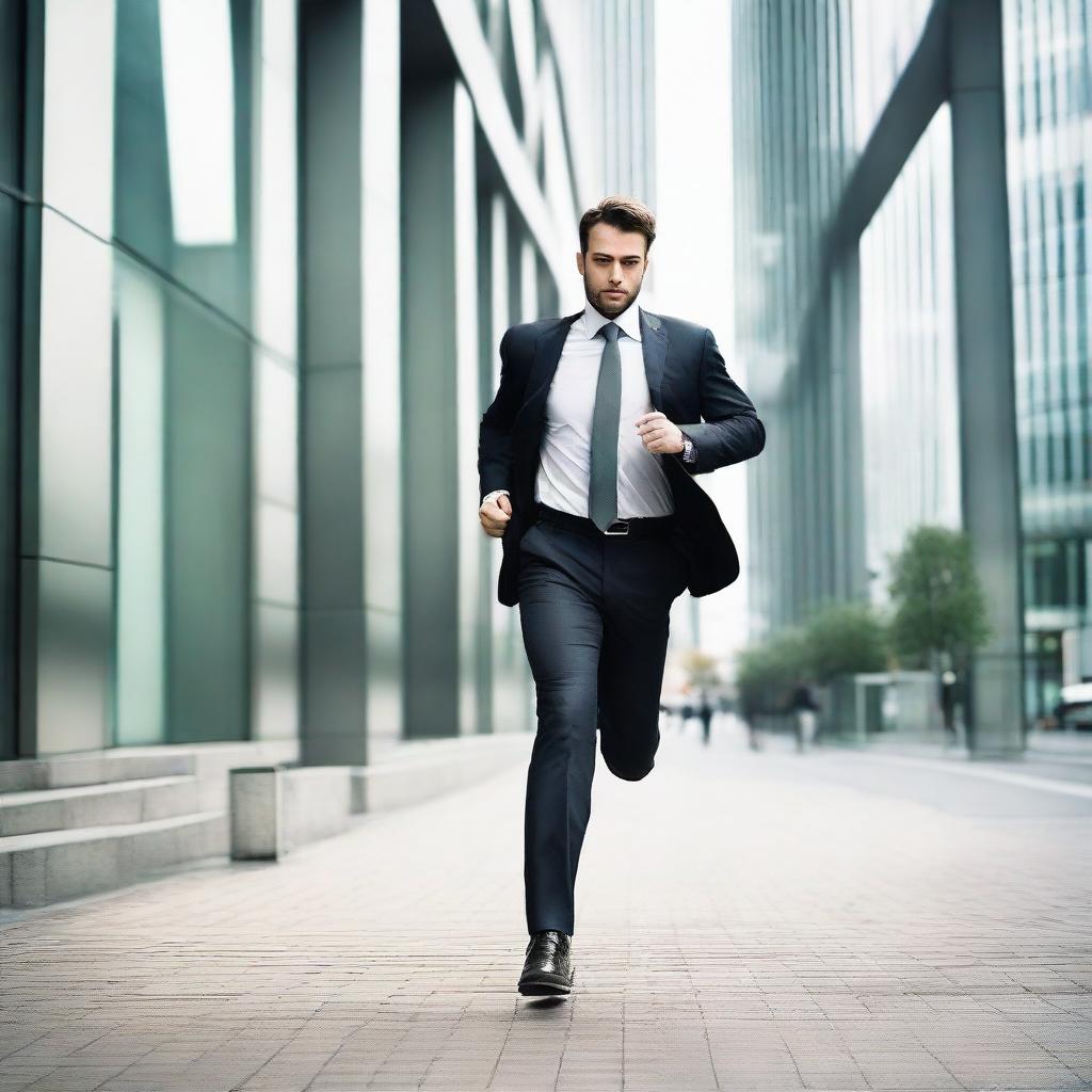 A businessman in office pants rushing forward in an urban setting