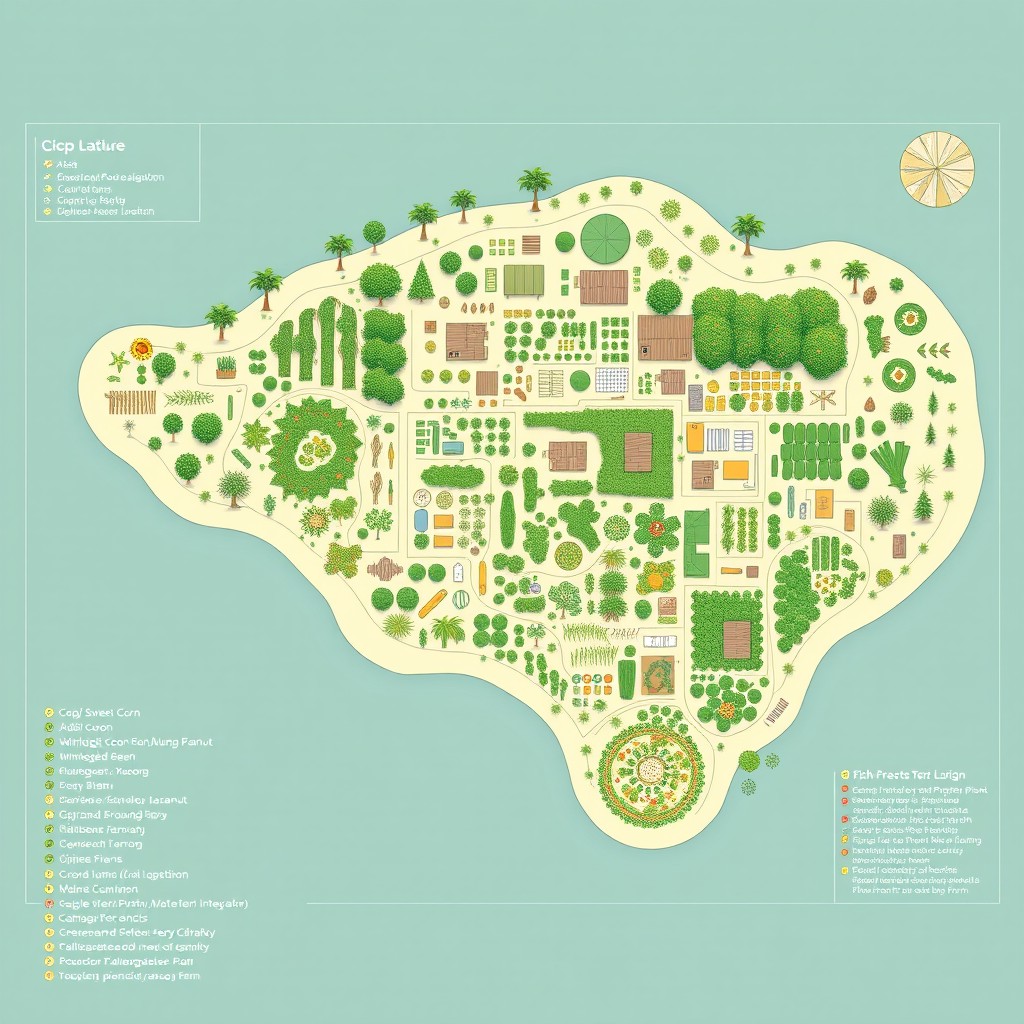 A detailed blueprint layout design for a 5-hectare tropical permaculture farm, focusing on crop diversification, crop/livestock integration, and fish culture