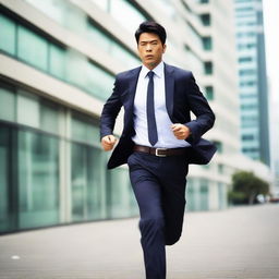 A businessman in office pants rushing forward in an urban setting