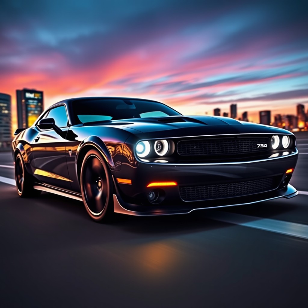 A sleek modern muscle coupe, showcasing a bold and aggressive design with a glossy finish