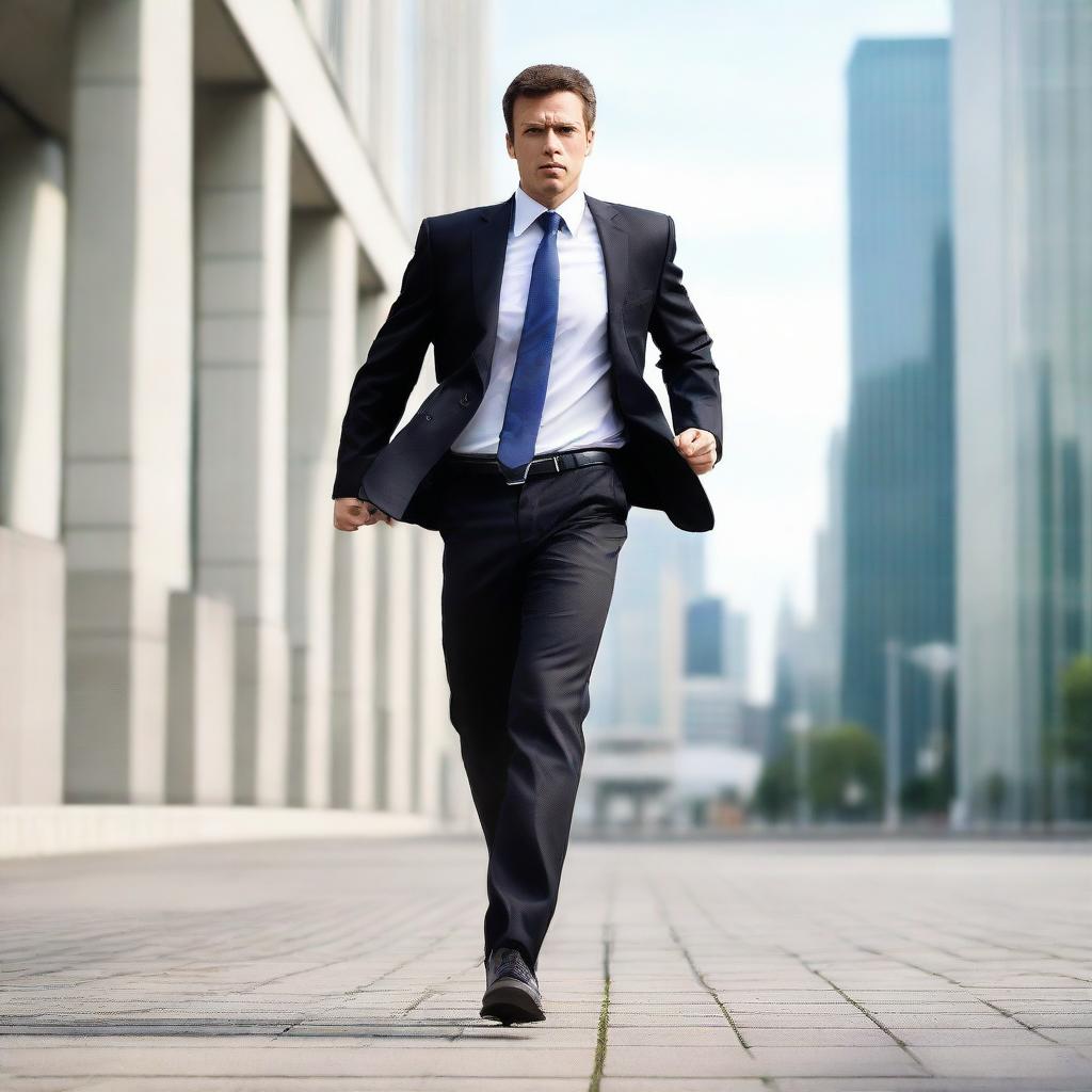 A businessman in office pants rushing forward in an urban setting