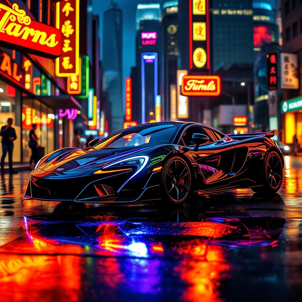 A stunning neon McLaren sports car, vibrant colors illuminating the sleek contours and curves of the vehicle