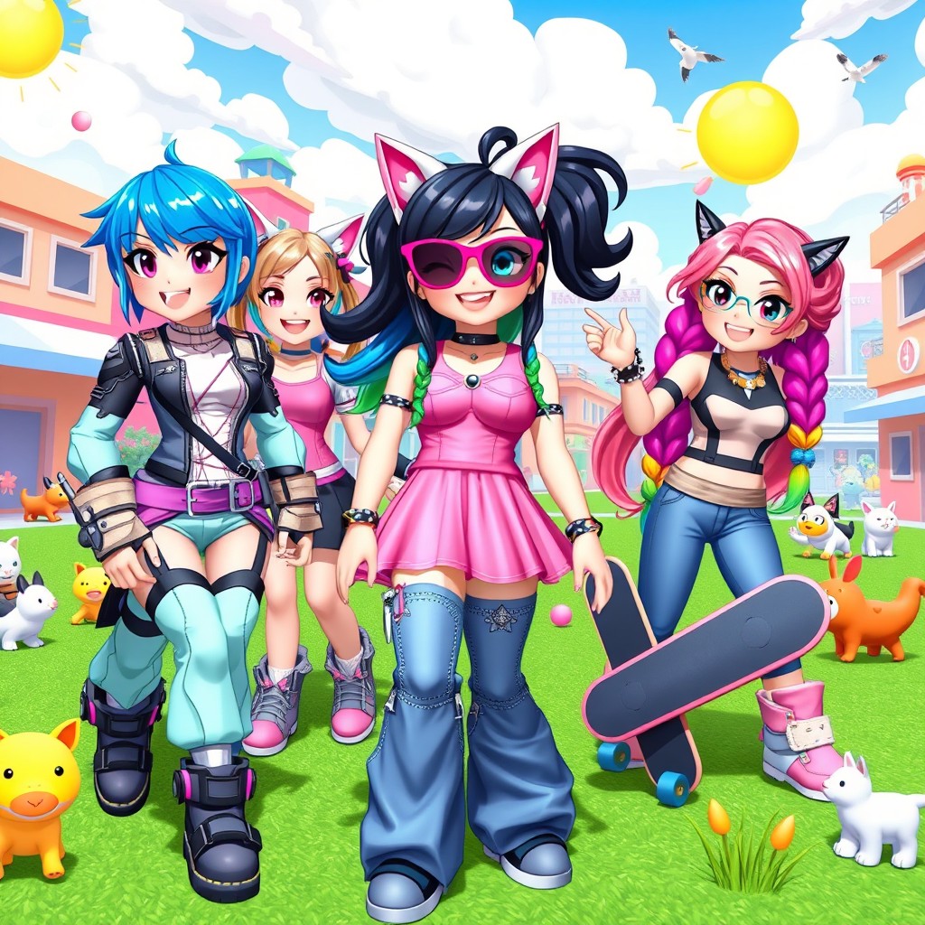 A vibrant and playful scene featuring several stylish girls inspired by the aesthetics of Roblox, each with unique, colorful avatars
