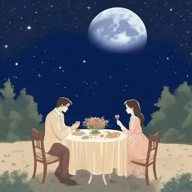 During the first quarter of the Moon's period of revolution around the Earth, the couple shared a romantic dinner under the starry sky.