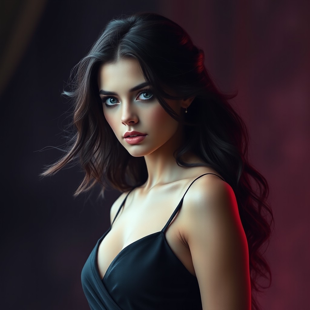 A stunning depiction of Lilith, portrayed with an elegant, simple black dress