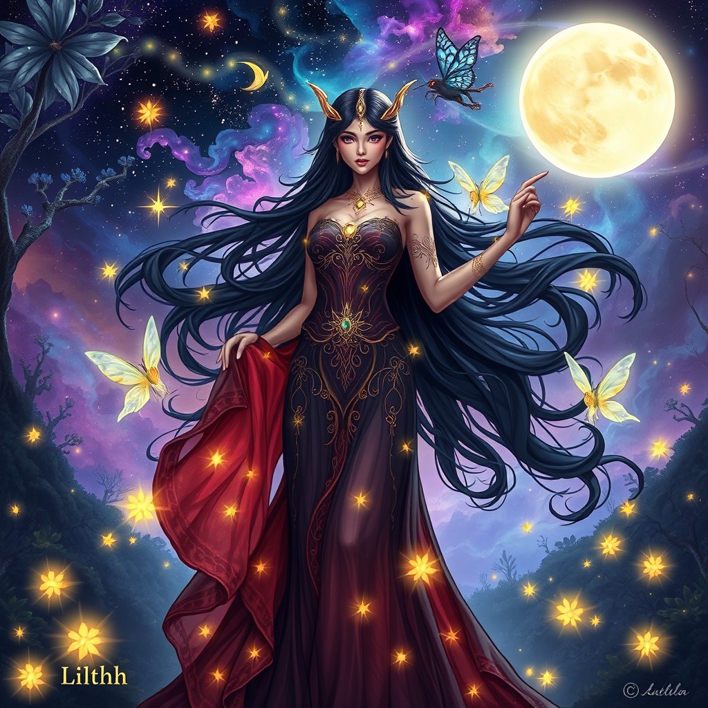 A stunning fantasy illustration of Lilith, the ancient figure known for her beauty and mystery, surrounded by an ethereal atmosphere
