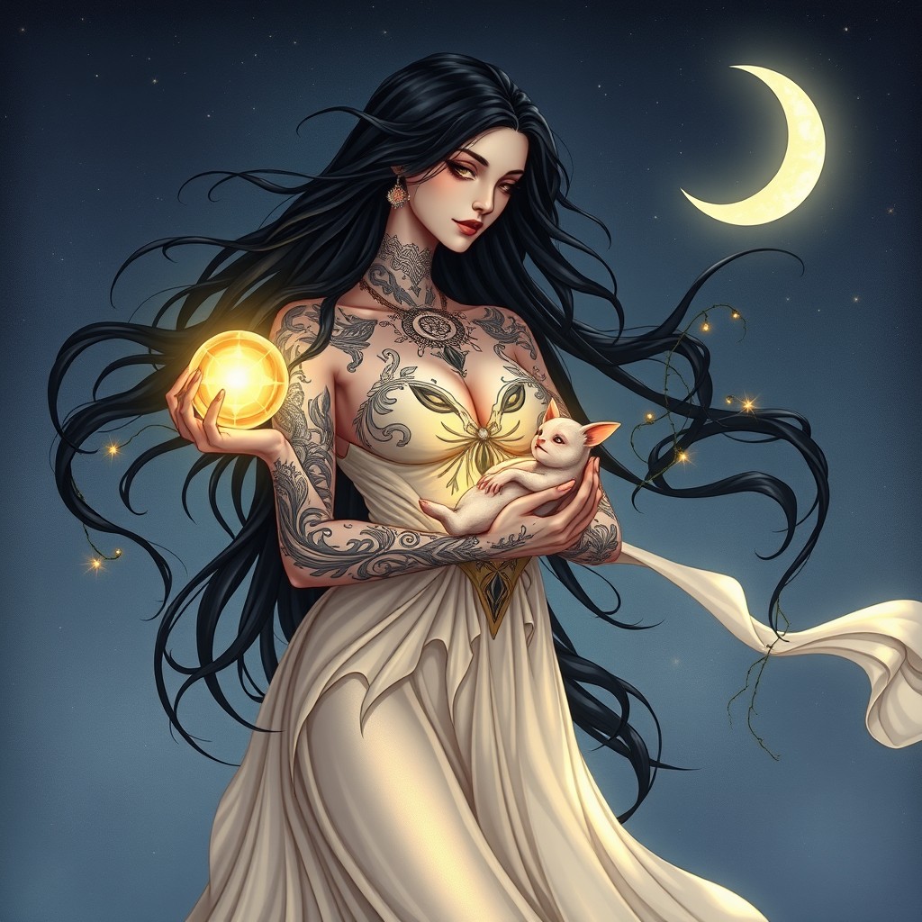 A mystical and captivating illustration of Lilith, depicted as a striking and powerful woman with long flowing dark hair, adorned with intricate tattoos and wearing an elegant flowing gown that shimmers under a moonlit sky