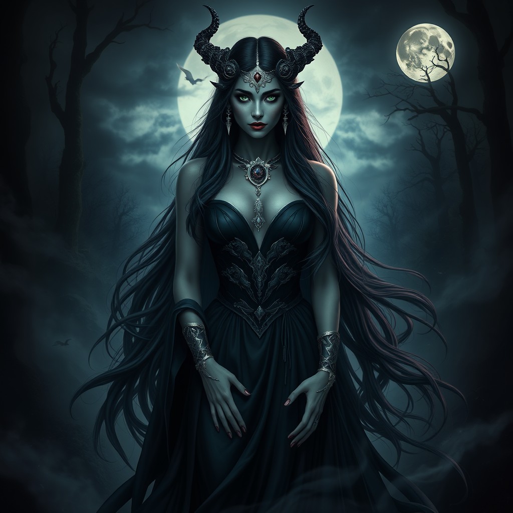 A striking depiction of Lilith, the dark goddess, portrayed as an elegant, powerful woman with long flowing black hair adorned with intricate silver jewelry