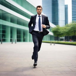 A businessman in office pants rushing forward in an urban setting