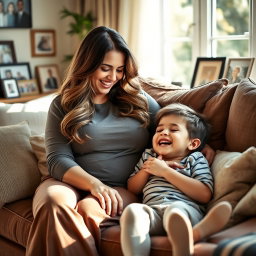 A warm and affectionate scene between a mother and her son in a cozy living room