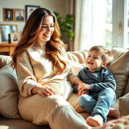 A warm and affectionate scene between a mother and her son in a cozy living room