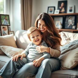 A warm and affectionate scene between a mother and her son in a cozy living room
