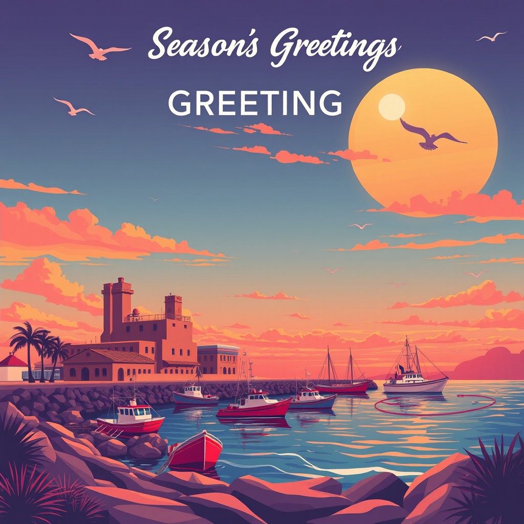 An illustration for a Season's Greetings card design featuring a fishing factory set against a beautiful coastal backdrop