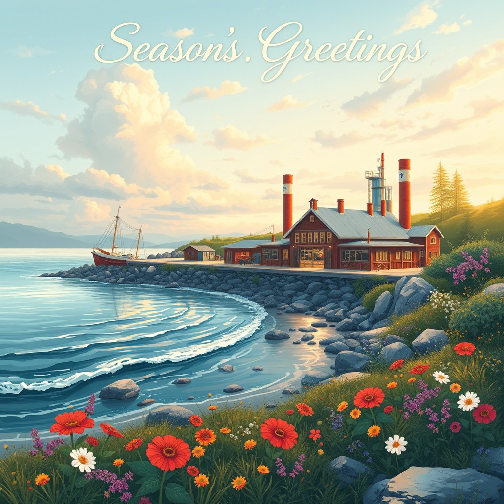 An illustration for a Season's Greetings card design featuring a Christmas-themed fishing factory set in a natural coastal landscape