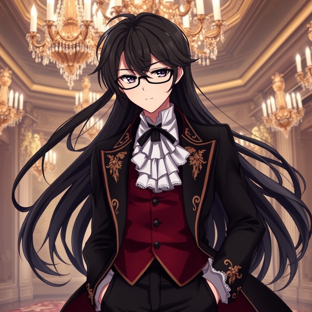 An elegant anime character with long, flowing dark hair that cascades elegantly down their back, styled in soft waves that add an air of sophistication