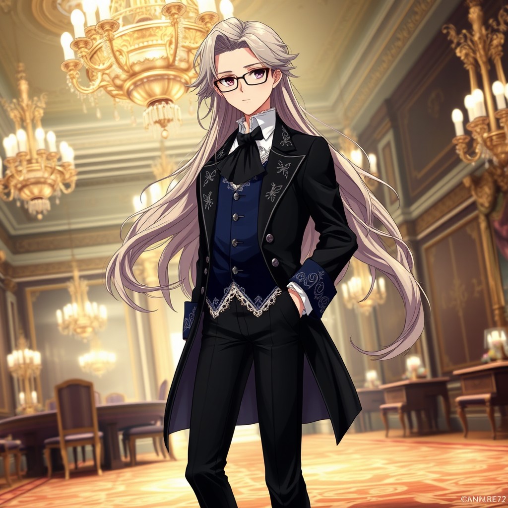 An elegant anime character with long, flowing hair that gracefully trails behind them, styled in soft waves that enhance their aristocratic appearance