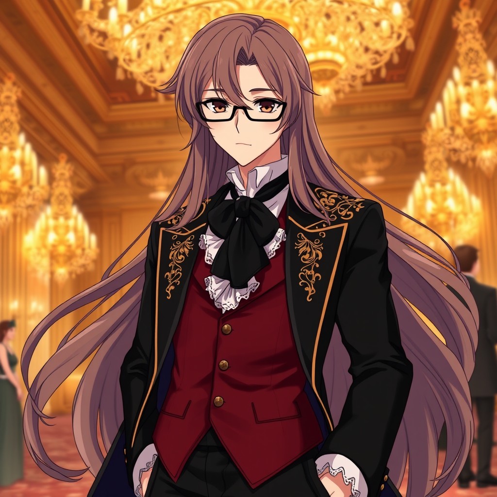 An elegant anime character with long, flowing hair that reaches down their back, styled in gentle waves that enhance their aristocratic elegance