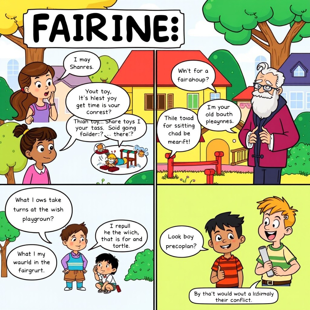 A vibrant comic strip illustrating the concept of fairness, featuring a diverse group of characters including a thoughtful girl, a wise old man, and a cheerful boy engaging in a discussion about fairness in their community