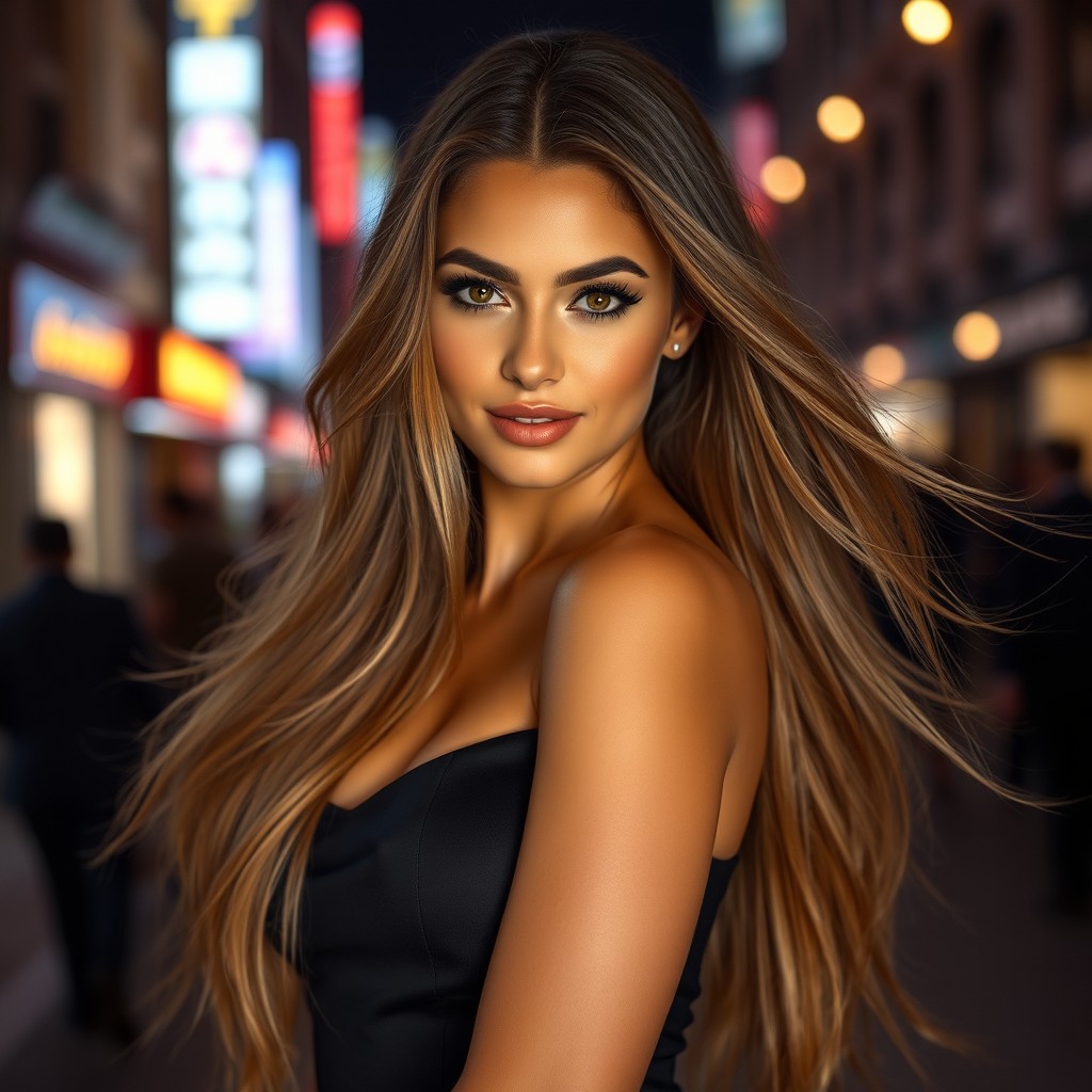 A glamorous portrait of a beautiful young woman with long flowing hair, striking features, and an alluring smile