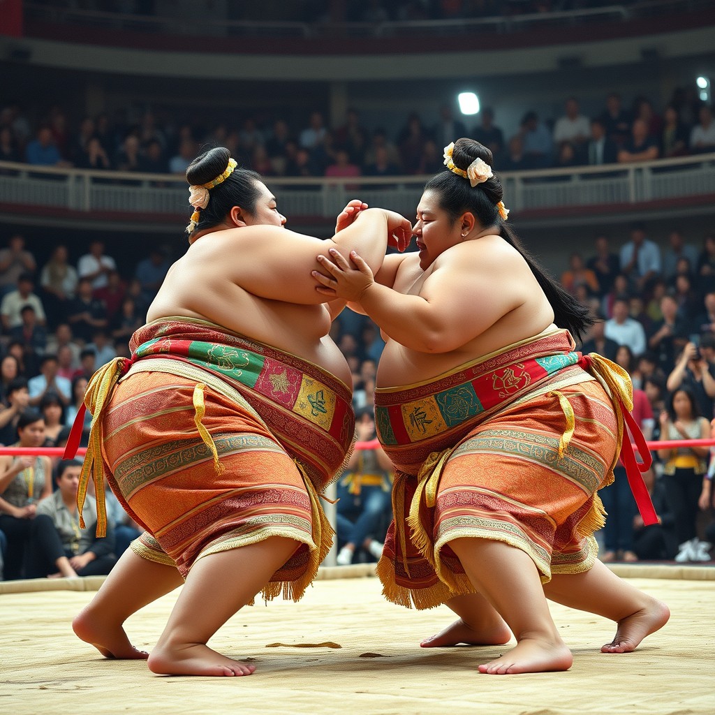 Two plus-sized women in colorful mawashi (sumo wrestling belts) engaging in a lively sumo wrestling match in a traditional sumo ring (dohyo)