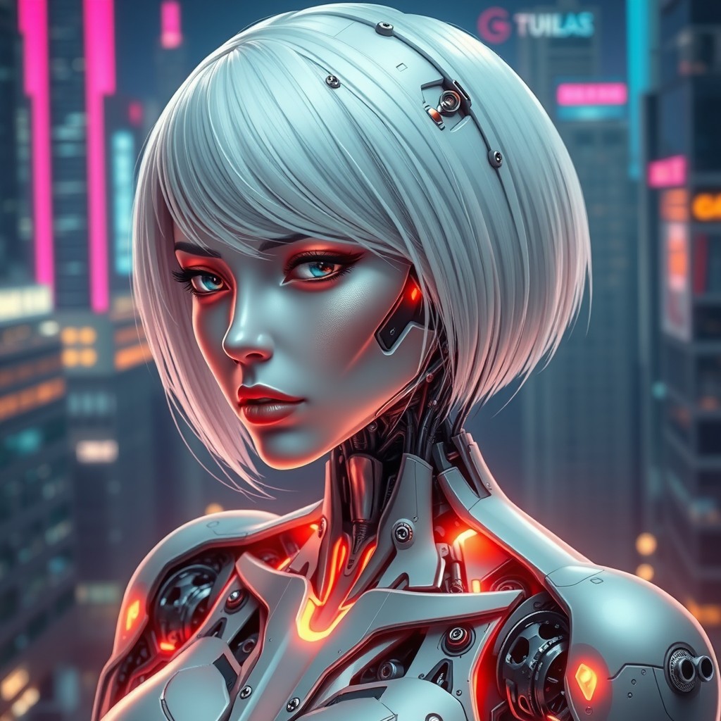 A stunning humanoid robot woman with white hair styled in a short bob, showcasing intricate robotic wiring and gears
