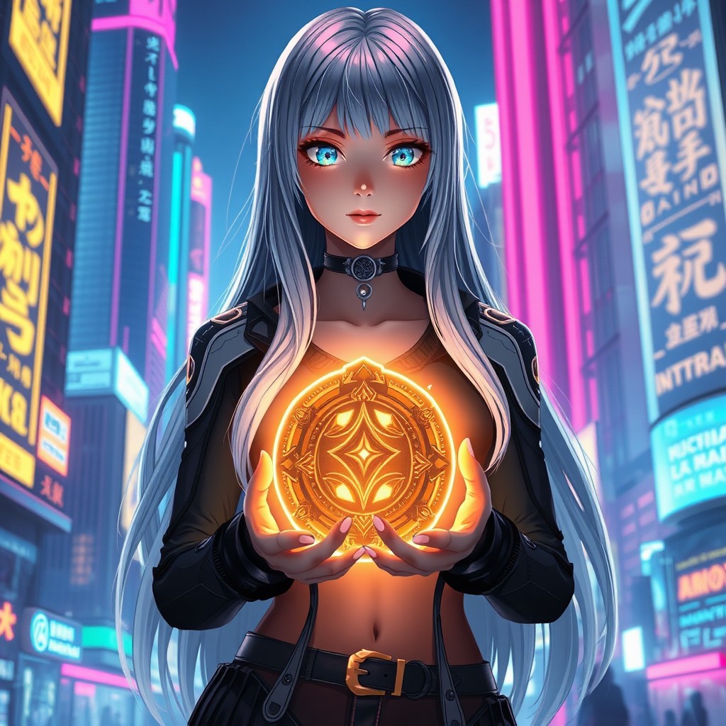 This hyperrealistic image depicts a futuristic anime woman with long, flowing silver hair and bright, glowing eyes