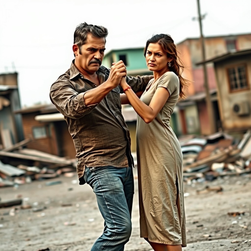 A 49-year-old man with an angry expression, striking a romantic dance pose with his 48-year-old lean and thin wife, who also appears angry
