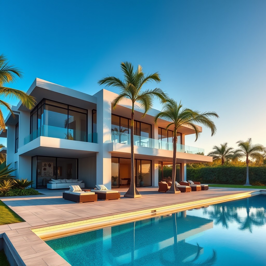 An exterior shot of a luxurious modern villa with sleek lines and large glass windows, surrounded by lush green landscaping and palm trees