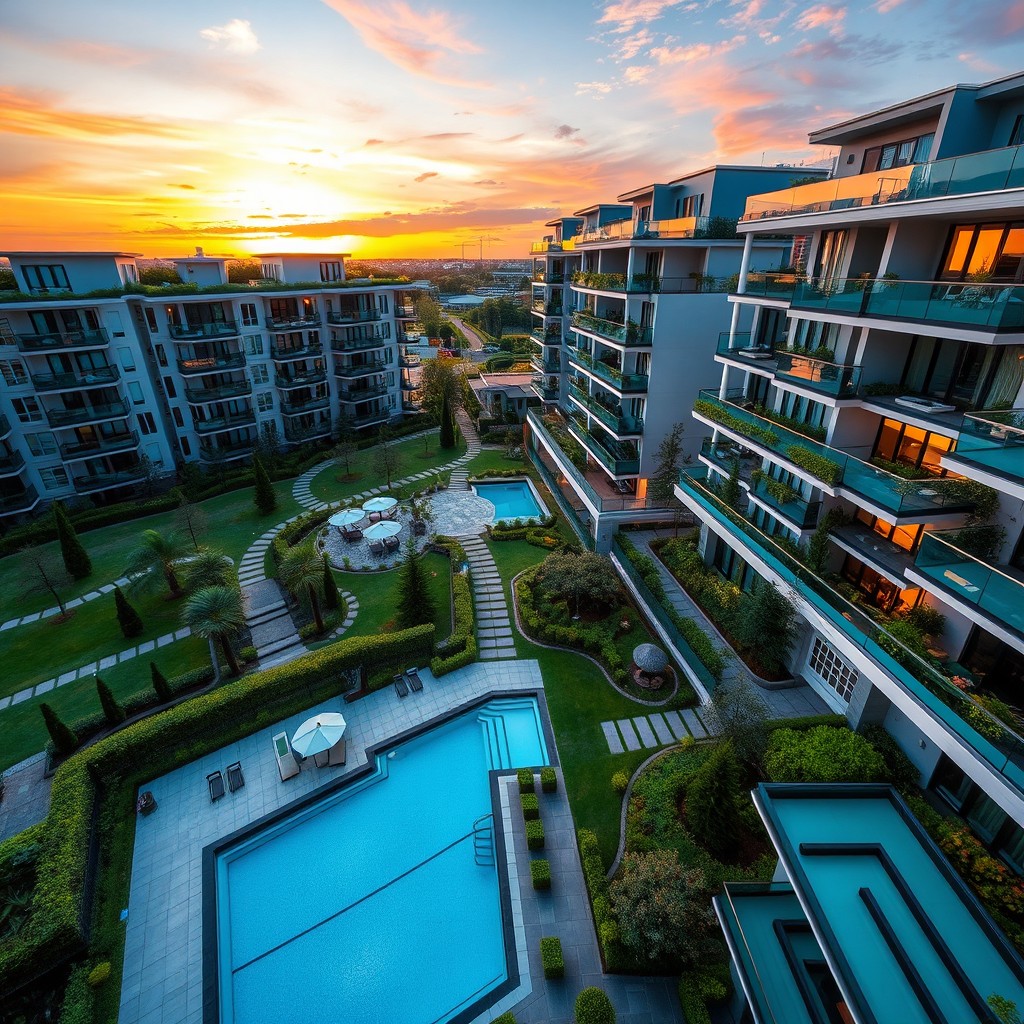 An elegant aerial view of a luxury residential development featuring modern architectural designs