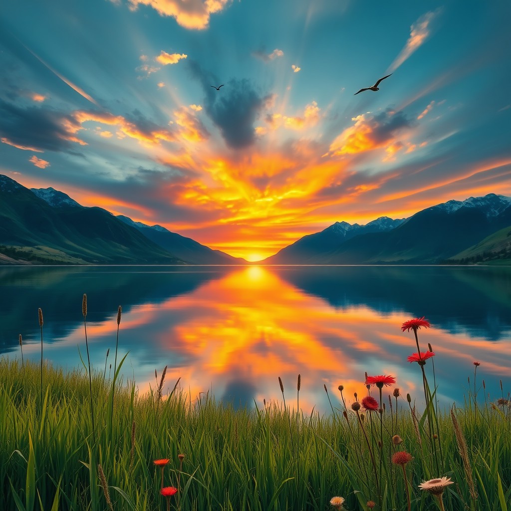 A serene landscape featuring a vibrant sunset over a tranquil lake, with reflections of colorful clouds on the water's surface