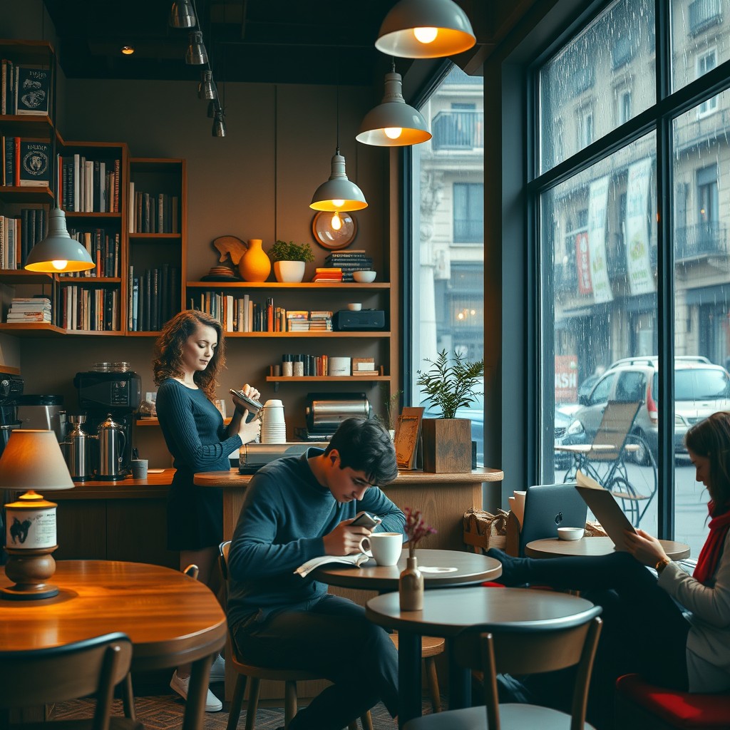 An inviting and cozy coffee shop interior featuring warm wooden furniture, soft lighting from vintage lamps, and shelves filled with books