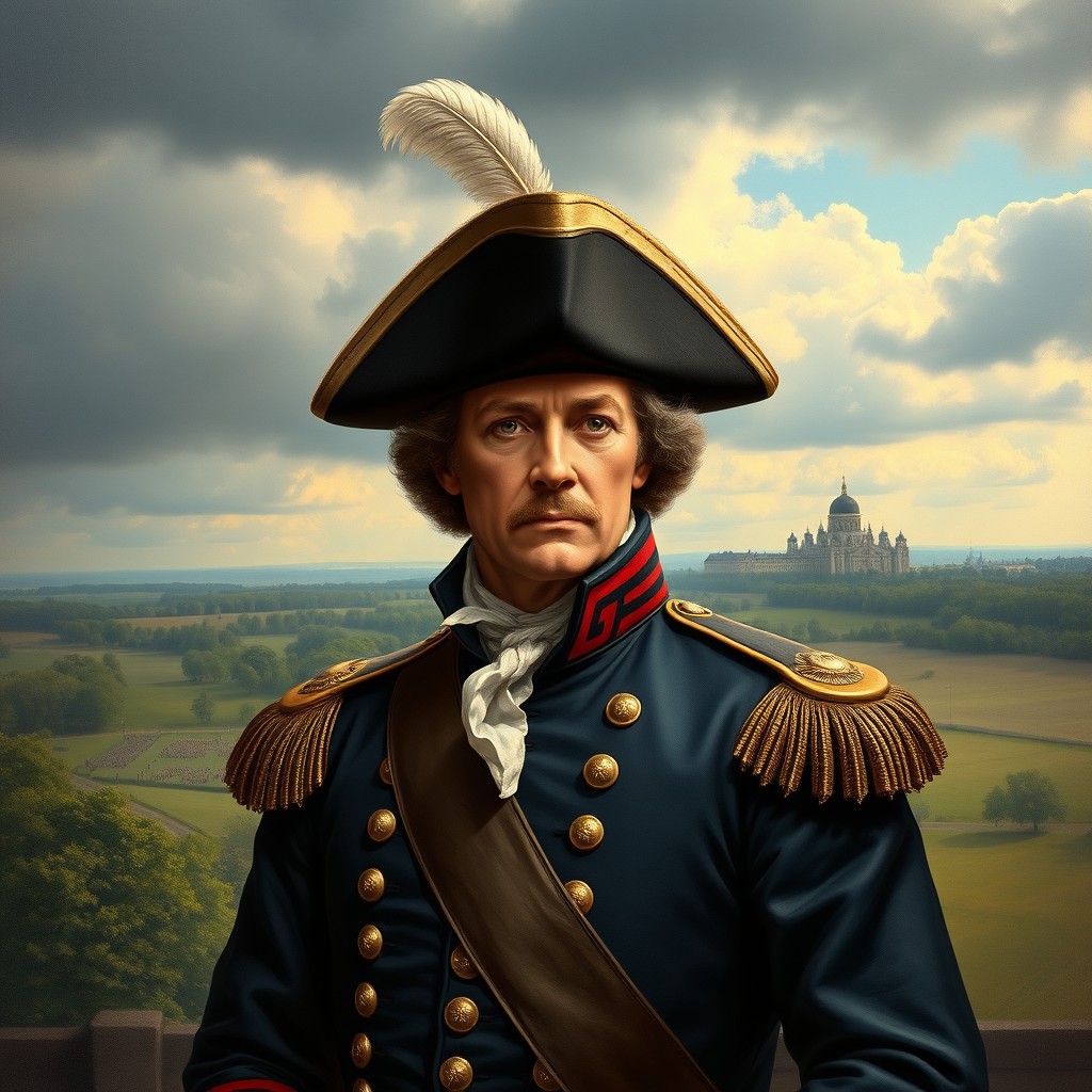 A detailed and artistic portrait of British leader James Wolfe, showcasing him in his formal military uniform from the 18th century