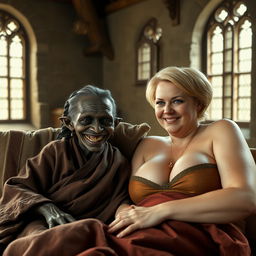 In a large medieval bed within a medieval room featuring ancient windows, lies a tiny, malevolent elderly African female goblin